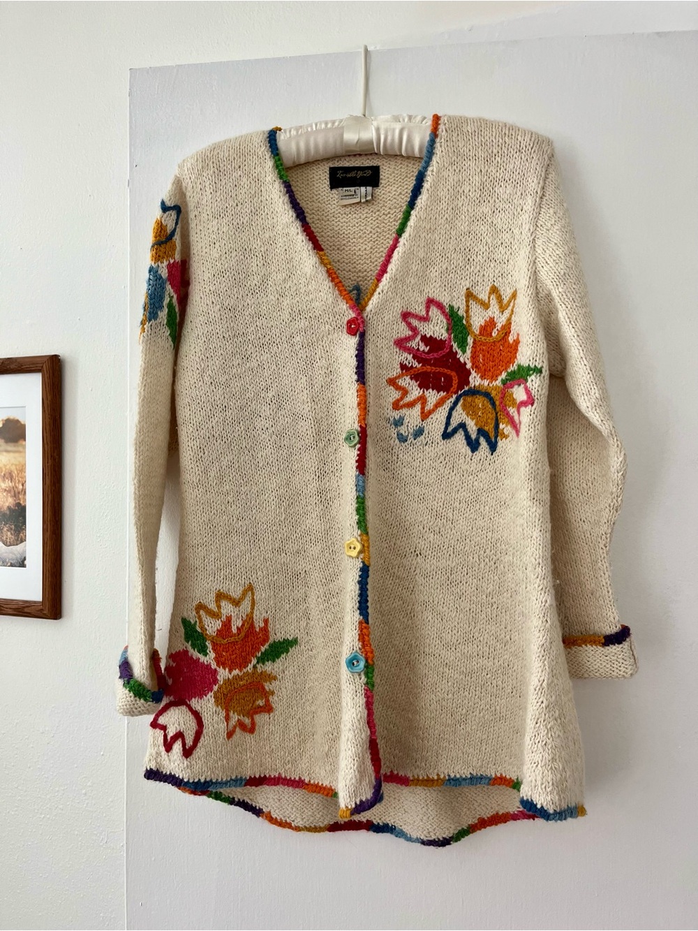 Hand-Embroidered Floral Cream Cardigan Sweater